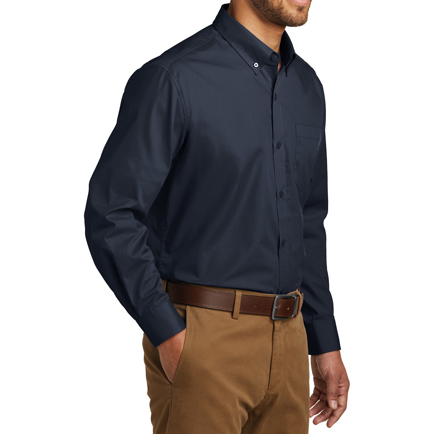 Men's Classic Long Sleeve Stain Release Carefree Poplin Woven Shirt River Blue Navy
