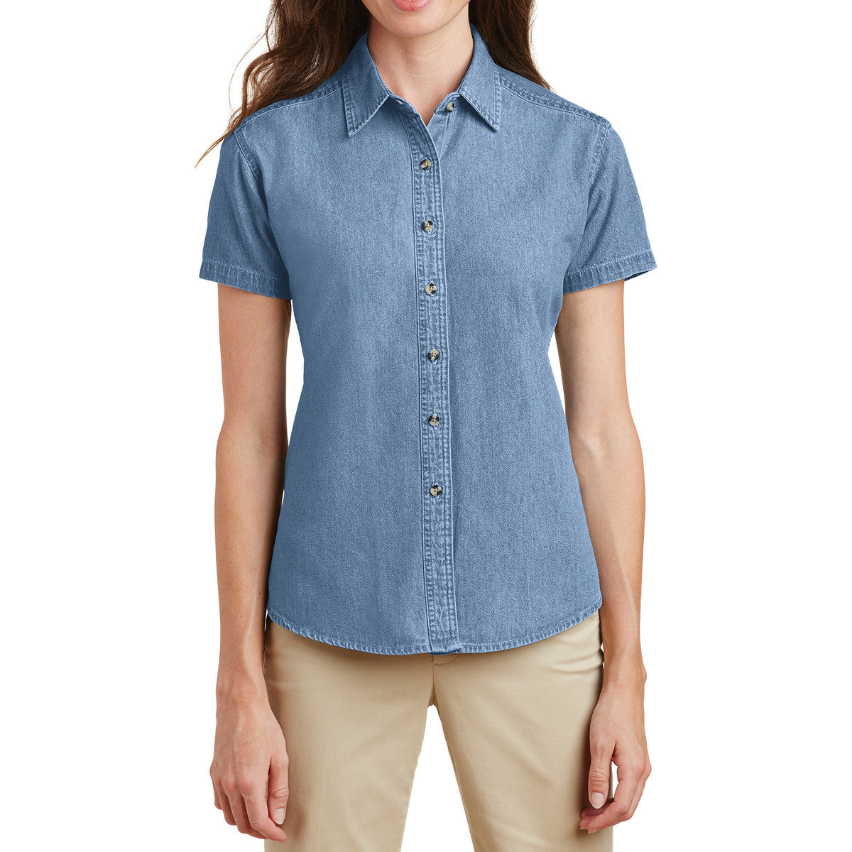 YEL oose Women's Short Sleeve Value Denim Shirt Faded Blue
