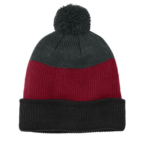 Warm Soft & Cozy Pom Beanie - Deep Black-Rich Red-Charcoal Heather