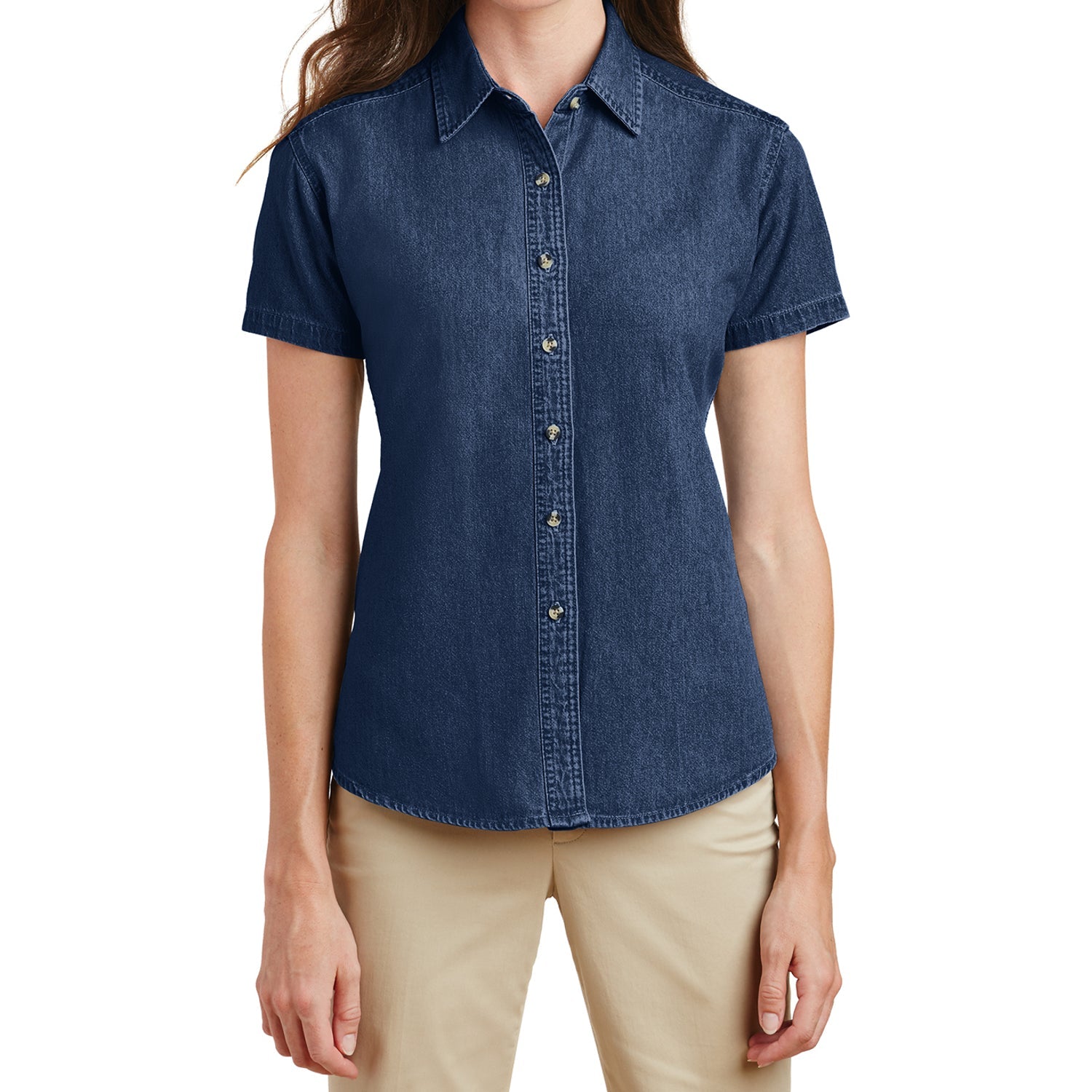 YEL oose Women's Short Sleeve Value Denim Shirt Ink Blue-Front