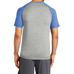 Men's PosiCharge Tri-Blend Short Sleeve Wicking Raglan Tee - True Royal Heather/ Light Grey Heather