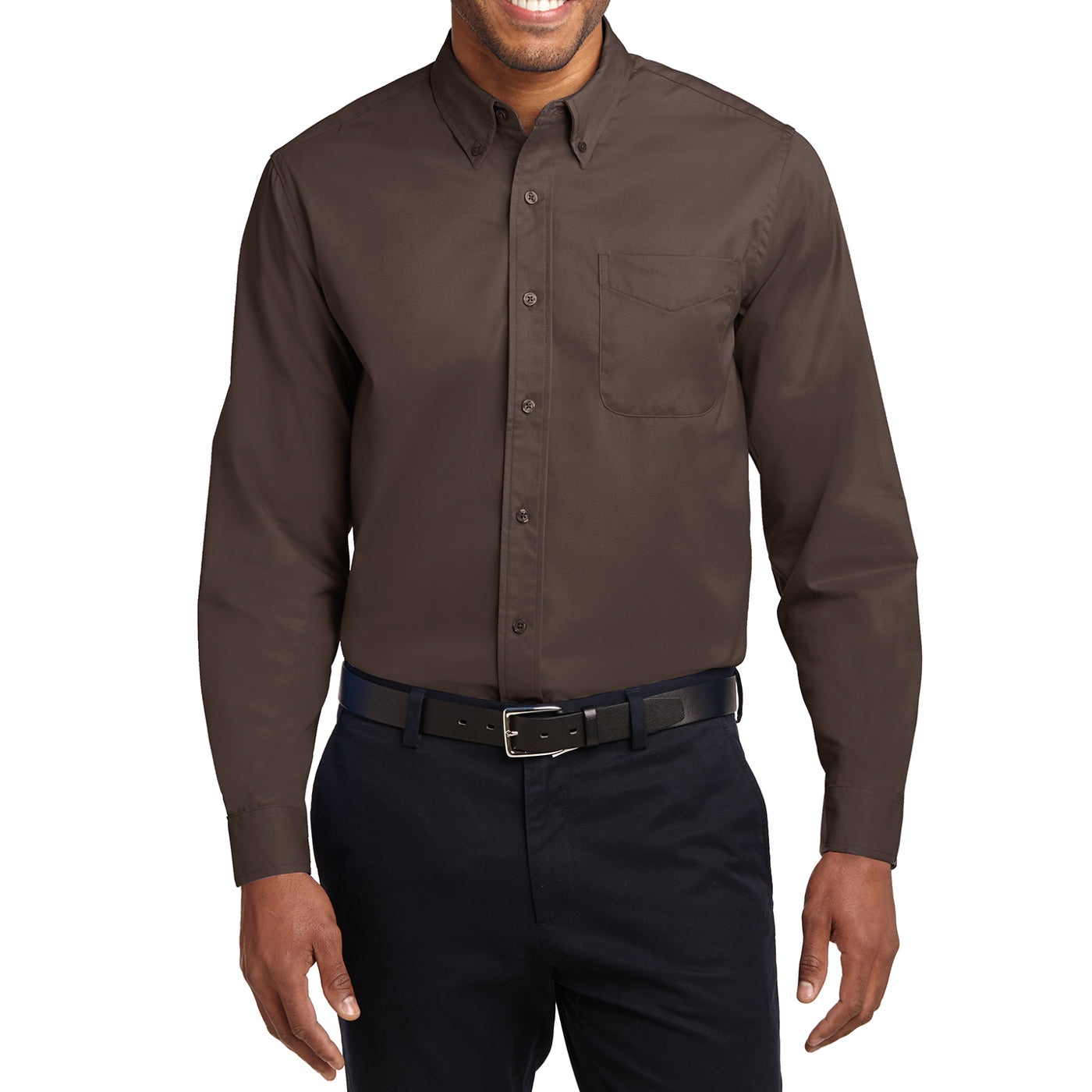 Men's Long Sleeve Easy Care Shirt - Coffee Bean/ Light Stone - Front