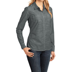 Womens Long Sleeve Washed Woven Shirt - Grey - Side