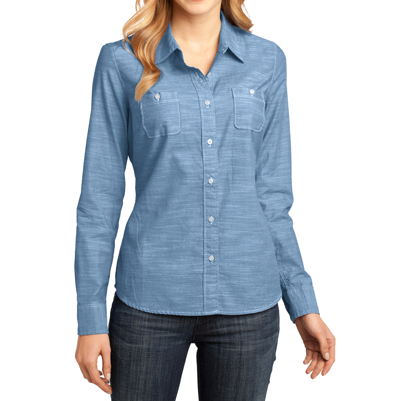 Womens Long Sleeve Washed Woven Shirt - Light Blue - Front