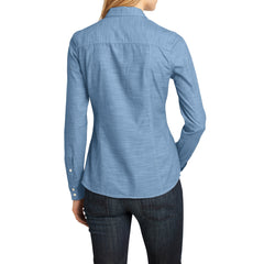 Womens Long Sleeve Washed Woven Shirt - Light Blue - Back