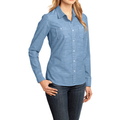 Womens Long Sleeve Washed Woven Shirt - Light Blue - Side