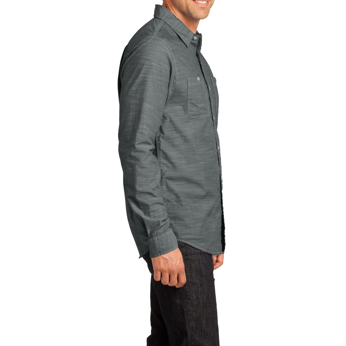 Mens Long Sleeve Washed Woven Shirt - Grey - Side