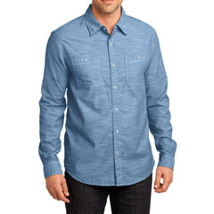 Mens Long Sleeve Washed Woven Shirt - Light Blue - Front