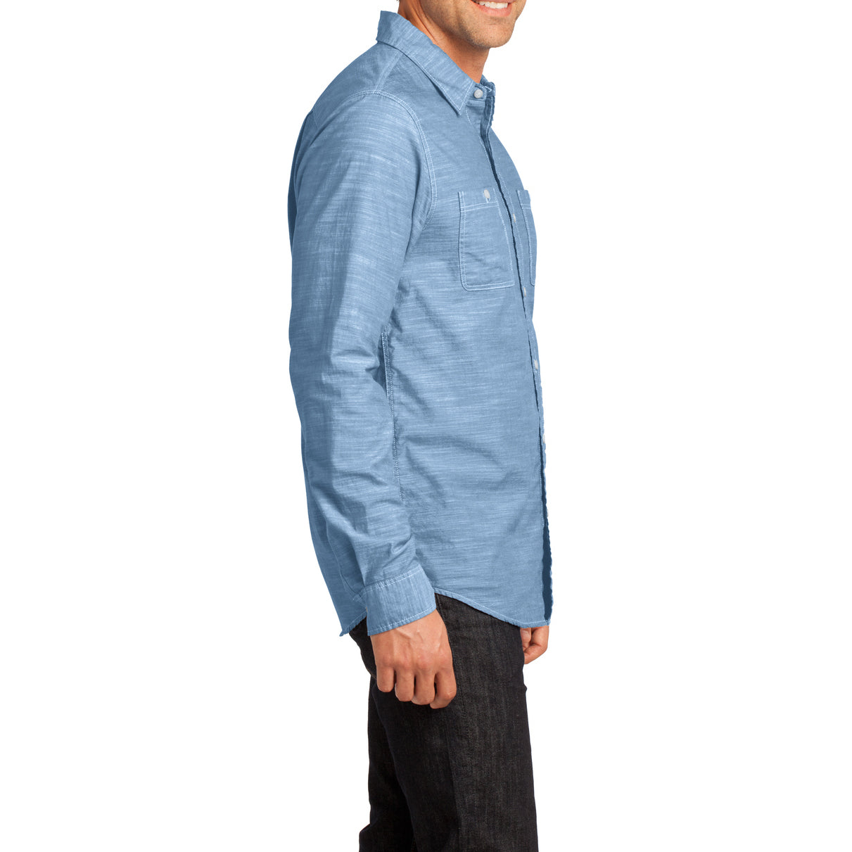 Mens Long Sleeve Washed Woven Shirt - Light Blue - Side