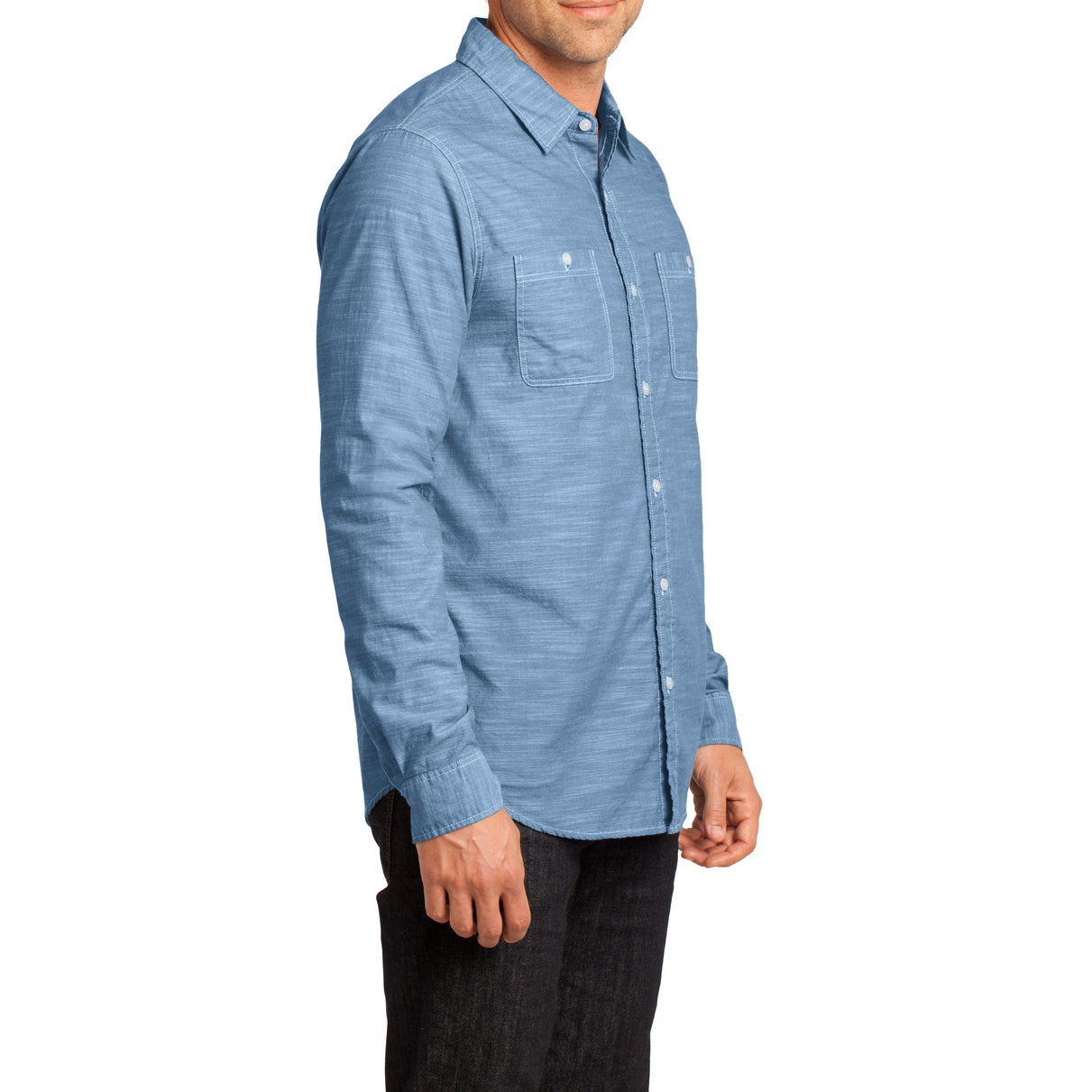Mens Long Sleeve Washed Woven Shirt - Light Blue - Side