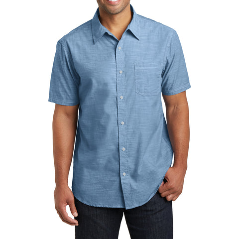 Men's Short Sleeve Washed Woven Shirt - Light Blue - Front