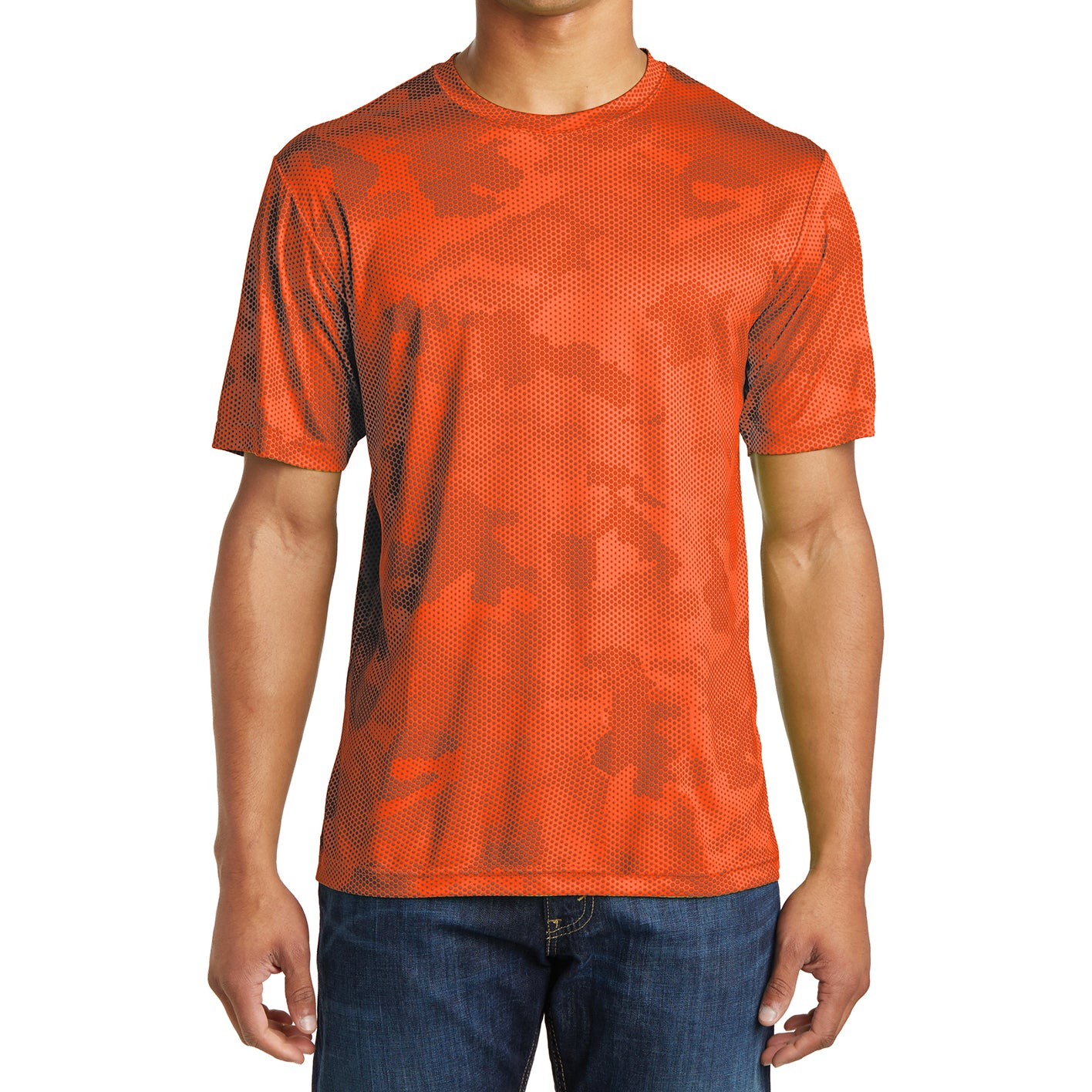 Moisture Wicking CamoHex Tee Shirt Neon Orange Front