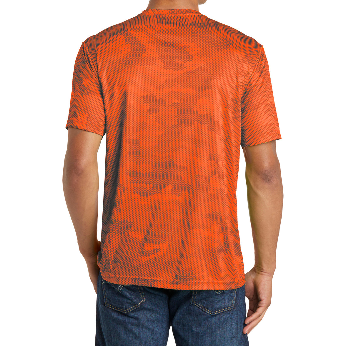 Moisture Wicking CamoHex Tee Shirt Neon Orange Back