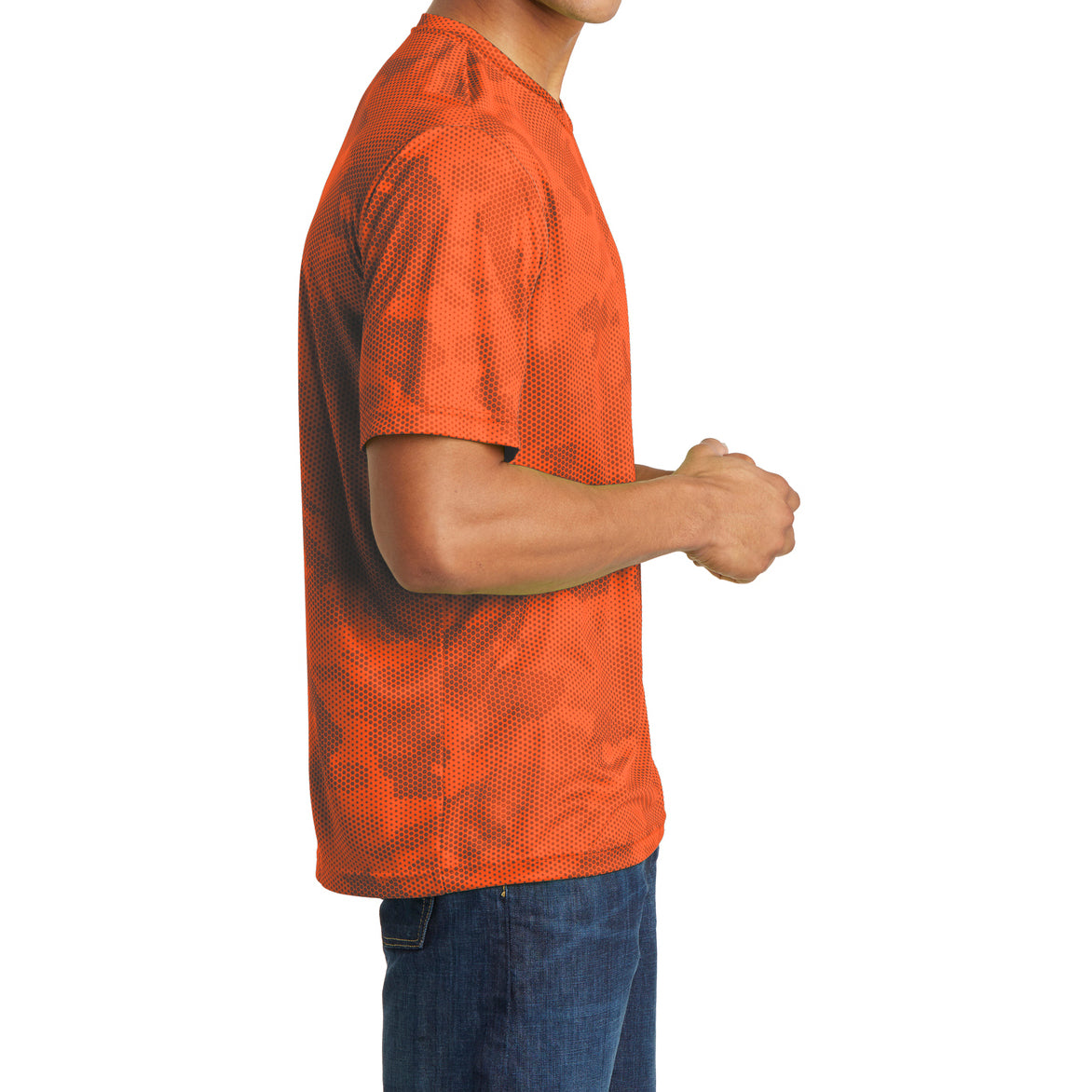 Moisture Wicking CamoHex Tee Shirt Neon Orange Side