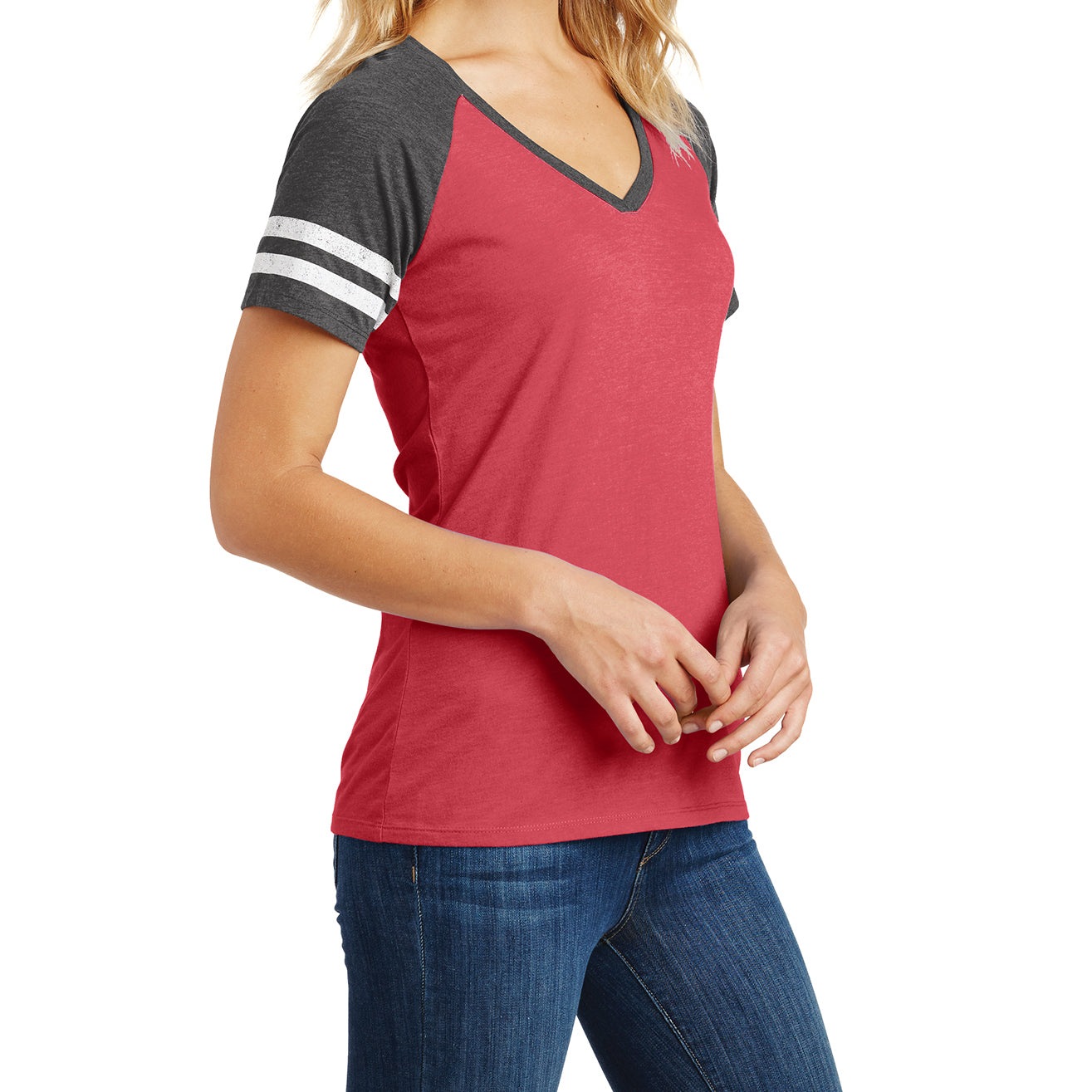 Womens Game V-Neck Tee - Heathered Red/Heathered Charcoal - Side