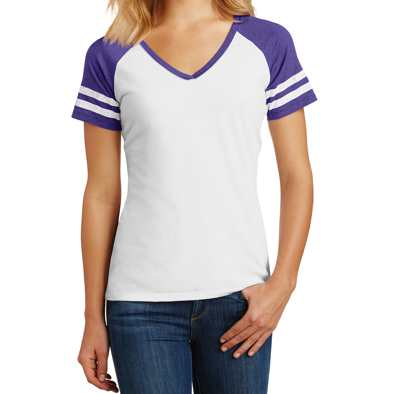 Womens Game V-Neck Tee - White/Heathered Purple - Front