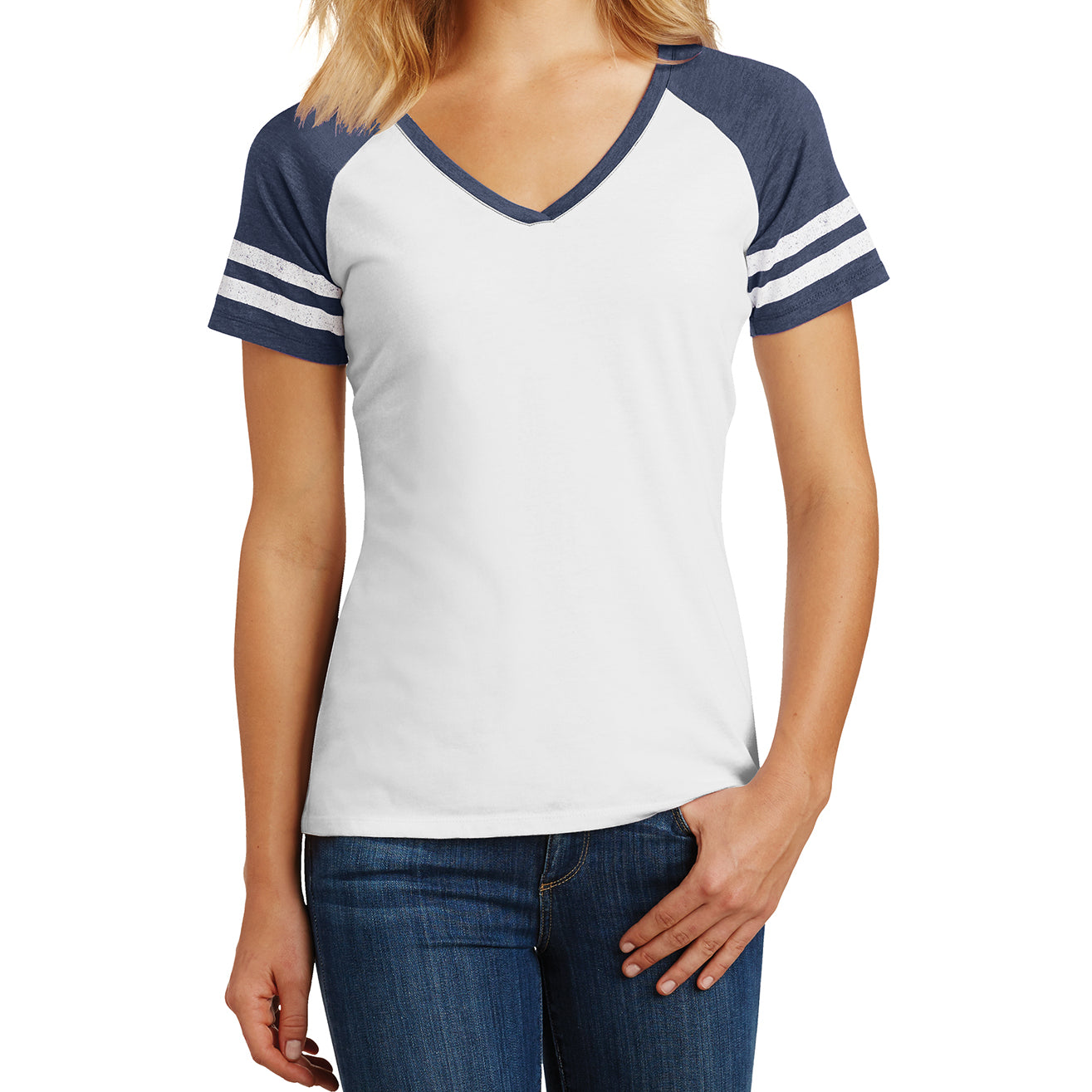 Womens Game V-Neck Tee - White/Heathered True Navy - Front