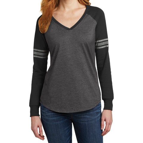 Women's Game Long Sleeve V-Neck Tee - Heathered Charcoal/ Black/ Silver - Front