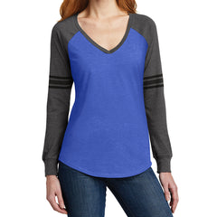 Women's Game Long Sleeve V-Neck Tee - Heathered True Royal/ Heathered Charcoal/ Black - Front