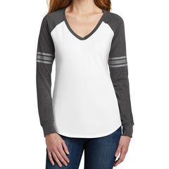Women's Game Long Sleeve V-Neck Tee - White/ Heathered Charcoal/ Silver - Front