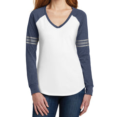 Women's Game Long Sleeve V-Neck Tee - White/ Heathered Navy/ Silver - Front