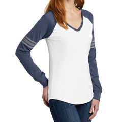 Women's Game Long Sleeve V-Neck Tee - White/ Heathered Navy/ Silver - Side