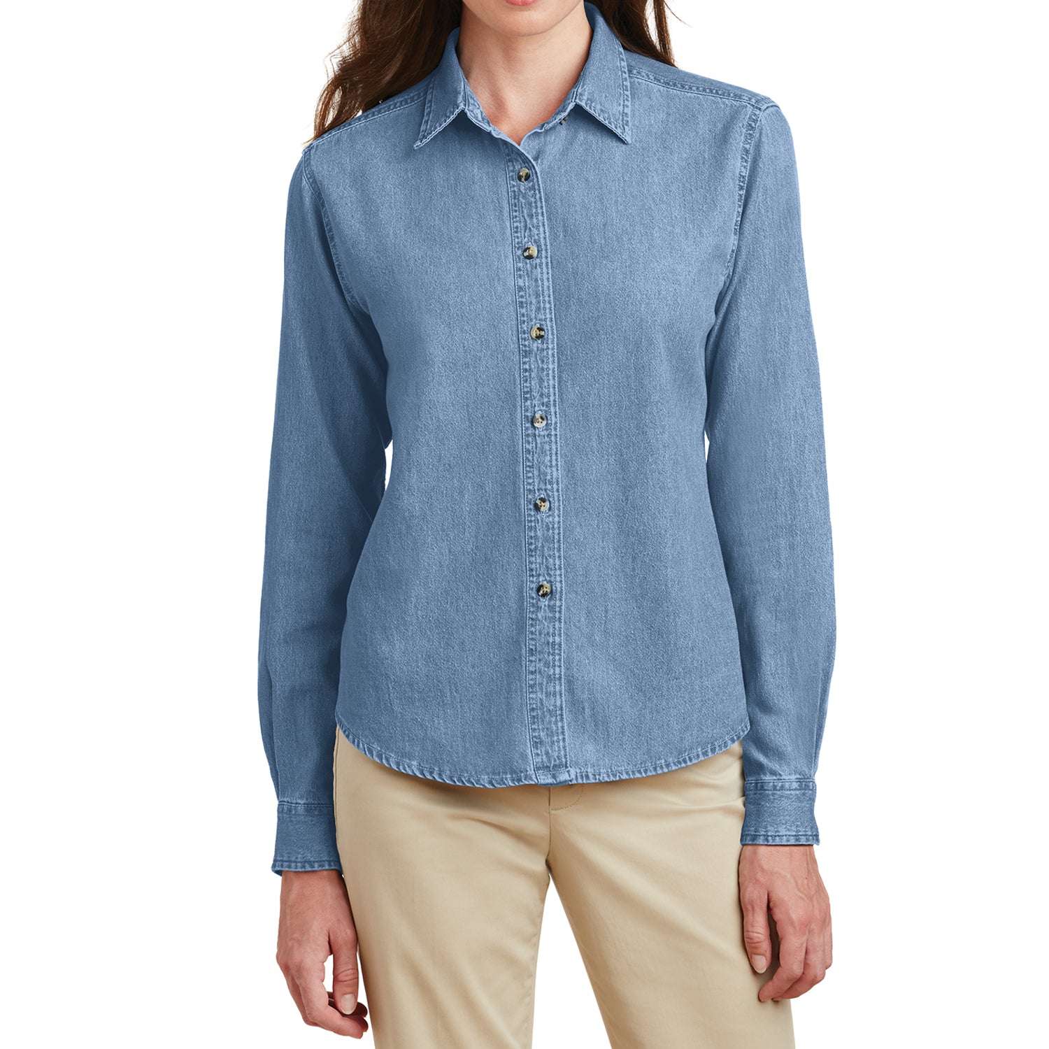 Mafoose Women's Long Sleeve Value Denim Shirt Faded Blue-Front
