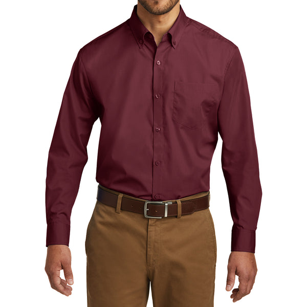 Men's Classic Long Sleeve Stain Release Carefree Poplin Woven Shirt Burgundy
